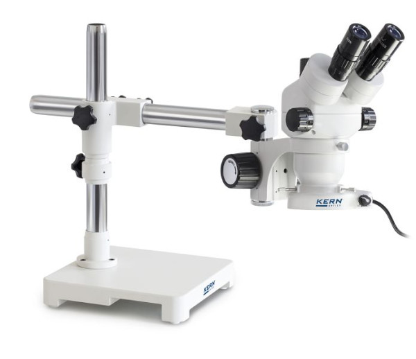 Kit stéréomicroscope KERN Optics, petit support à bras télescopique (plaque), Greenough 0,7 x - 4,5 x, trinoculaire, OZM 903