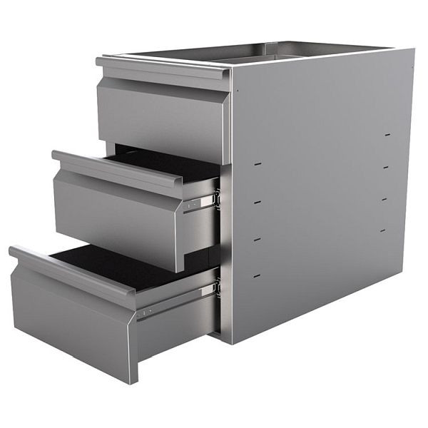 Armoire à tiroirs en acier inoxydable Gastro-Inox avec 3 tiroirs - module de sous-structure, 400x580x550mm, adapté aux tables d'une profondeur de 60 cm, 301.702