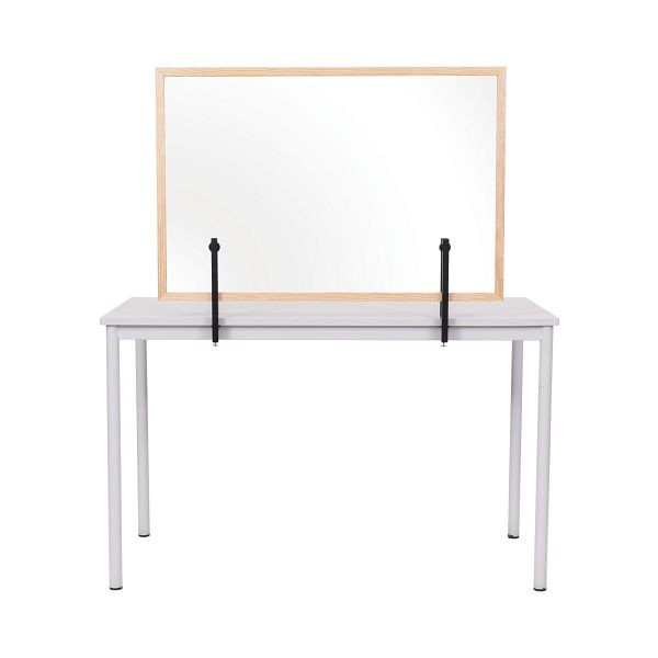 Cloison Bi-Office, panneau acrylique anti-éclaboussures avec clips métalliques à fixer à la table, avec cadre en bois-MDF de 2,2 cm de large, 120x90cm, AC03010181