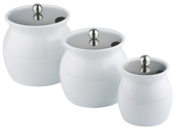 Pot à vinaigrette APS, Ø 17 cm, hauteur : 15 cm, porcelaine, blanc, 2 litres, couvercle en acier inoxydable, avec évidement pour cuillère, 83310