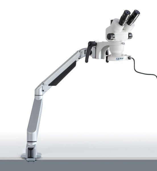 Kit stéréomicroscope KERN Optics, Royaume-Uni, support à bras articulé à ressort (pince), Greenough 0,7 x - 4,5 x, trinoculaire, OZM 983UK