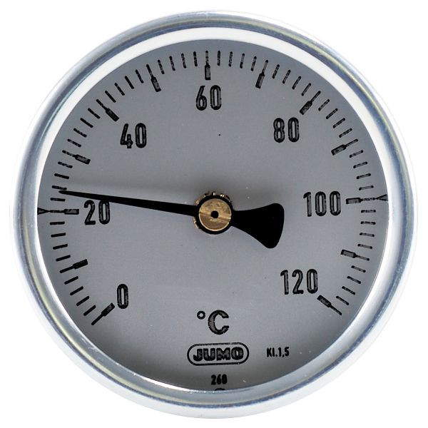 Thermomètre bilame JUMO, classe 1.5, plage d'affichage 0 à 120 °C, longueur d'installation 50 mm, diamètre : 63 mm, 80000580