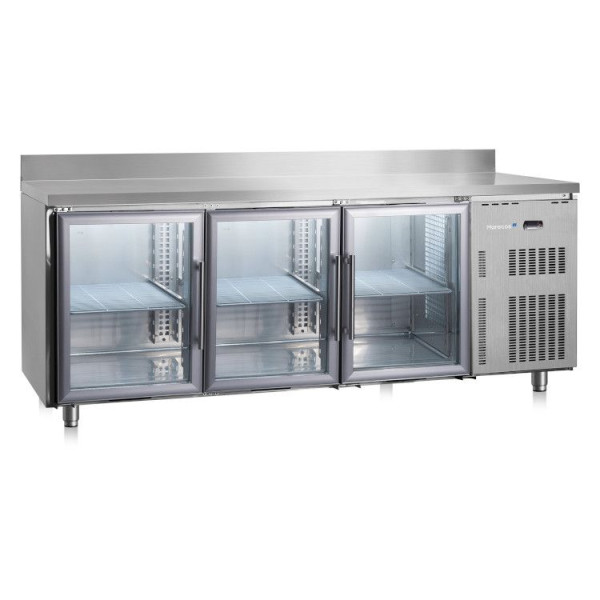 Table réfrigérée en acier inoxydable Marecos Softline profondeur 600 mm avec 3 portes vitrées et dosseret, 222.018