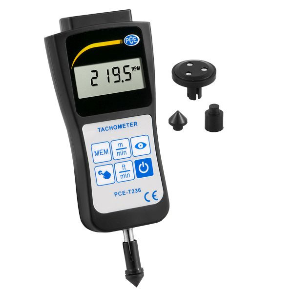 Tachymètre PCE Instruments pour vitesses jusqu'à 99 999 tr/min, fonctionnant sur batterie, 65 x 215 x 38 mm, PCE-T236