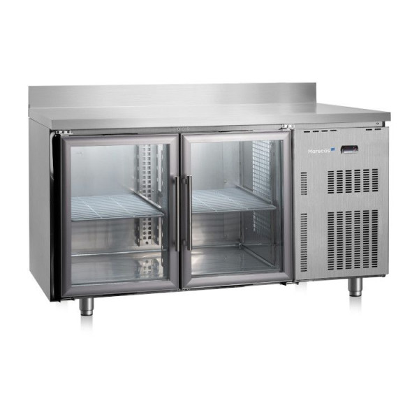 Table réfrigérée en acier inoxydable Marecos Softline profondeur 600 mm avec 2 portes vitrées et dosseret, 222.008